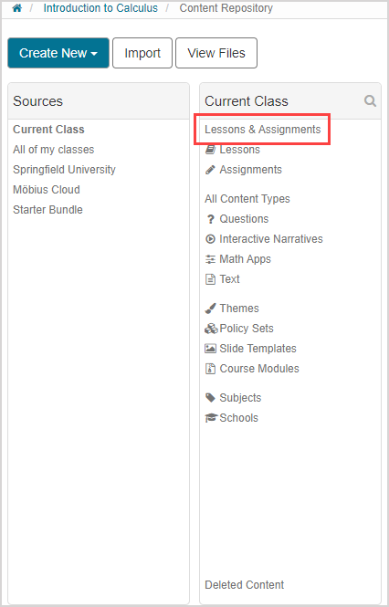 Lessons & Assignments is the first option in the Current Class pane.